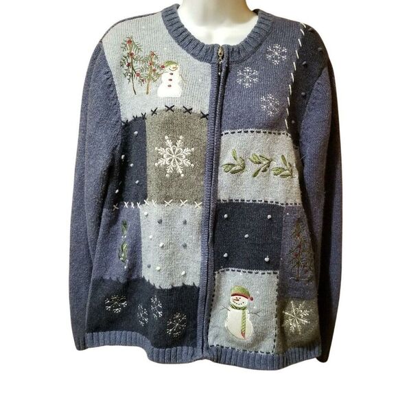 Womens Sweater L Blue Cardigan Zip Up Casual Winter Snowmen - Picture 2 of 12